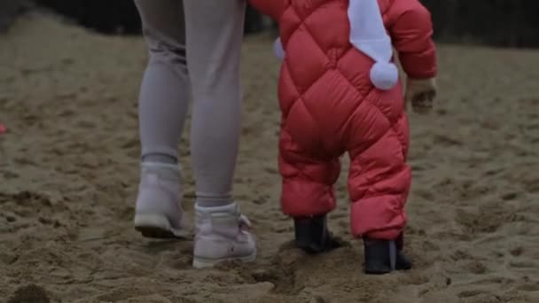 어머니는 아기의 손을 잡고 걷는 법을 가르친다. 첫 단계 — 비디오