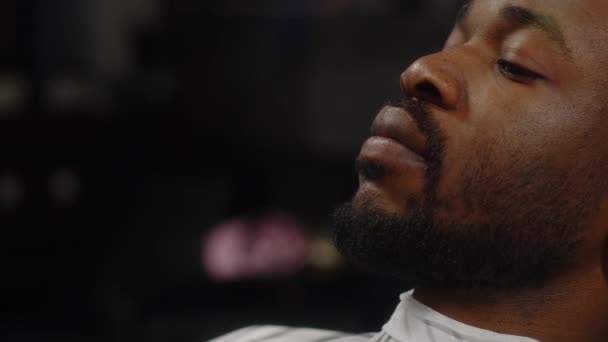 Frisör kamma med en borste och grooming en afroamerikansk skägg frisyr — Stockvideo
