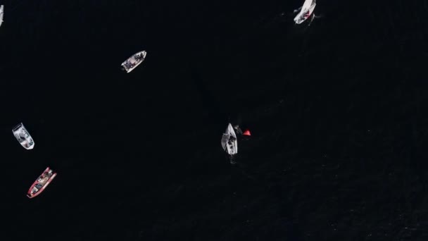 セーリングヨットはフィニッシュラインを横切ります。公海上のセーリングレガッタ — ストック動画