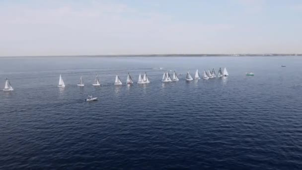 Sailing yachts lined up in the sea during a sailing regatta and cast shadows — Stock Video