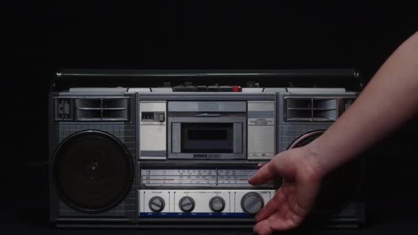 Fashion of the 90s. Vintage tape recorder from the 90s. Tuning analog radio dial frequency on scale — Stock Video