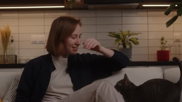 Bir kız kanepede oturan kediyle oynuyor rahat bir oturma odasında, yumuşak ışığın altında. — Stok video