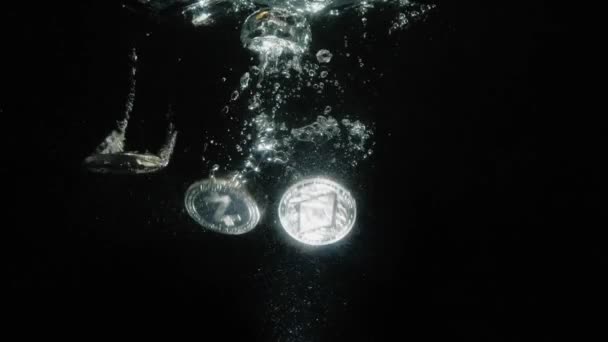 Concepto: caída en el valor de las monedas criptomoneda. El dinero cae al agua y brilla — Vídeos de Stock