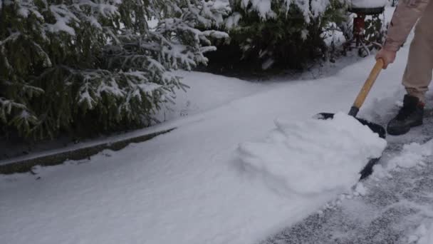 Ένας άνθρωπος με ένα φτυάρι στα χέρια του αφαιρεί το χιόνι. Καθαρισμός της περιοχής κοντά στο σπίτι μετά από χιονοθύελλα — Αρχείο Βίντεο