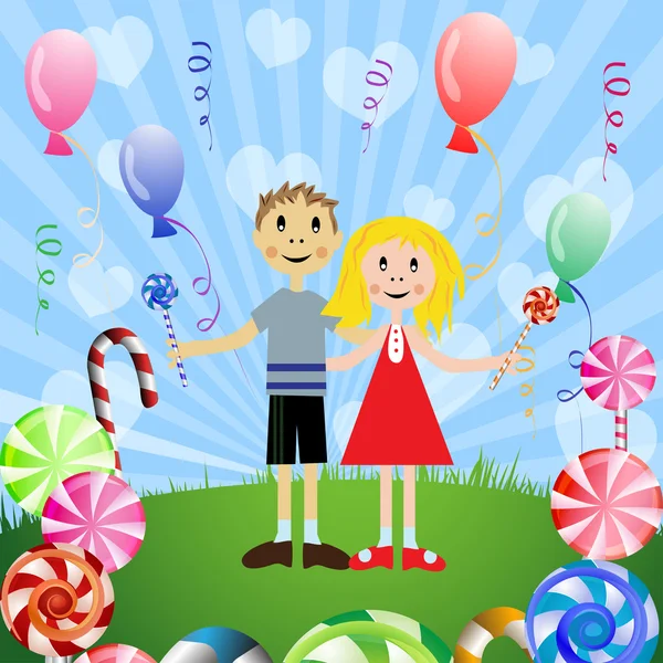 Children with candies , balloons — Stock Vector