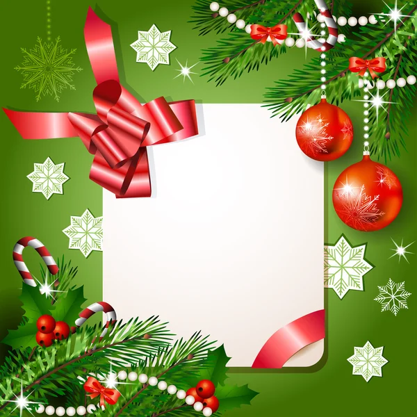 Fir kerstboom met banner, lint en Kerst decoraties — Stockvector