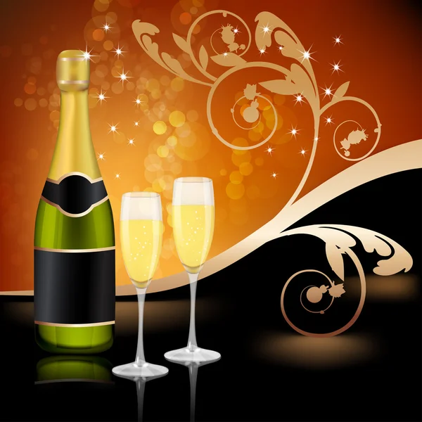 Two glasses of champagne and bottle — Stock Vector