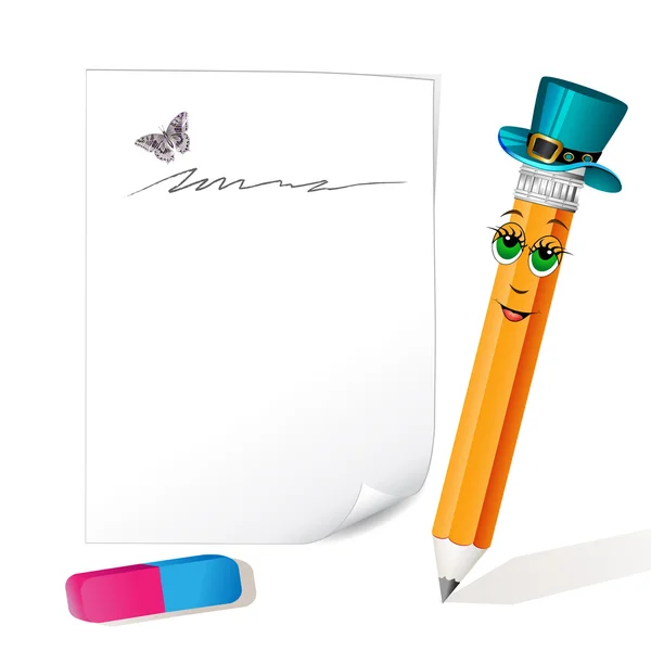 Divertido lápiz mascota con goma de borrar — Vector de stock