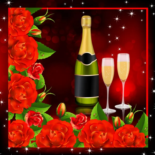 Rosas vermelhas com champanhe — Vetor de Stock