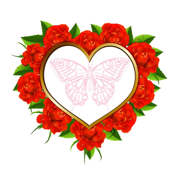 Coração com rosas e borboleta — Vetor de Stock