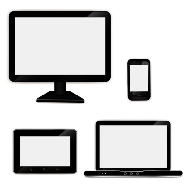 gerçekçi dizüstü bilgisayar, tablet bilgisayar, monitör ve cep telefonu şablonu
