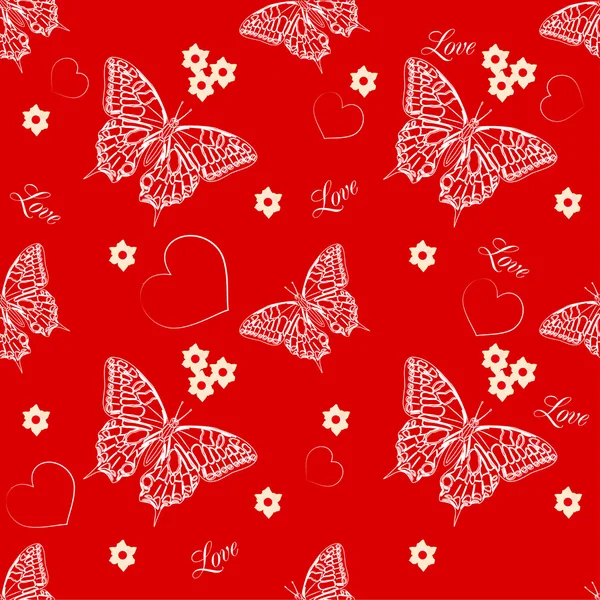 Naadloze patroon met vlinders en harten — Stockvector