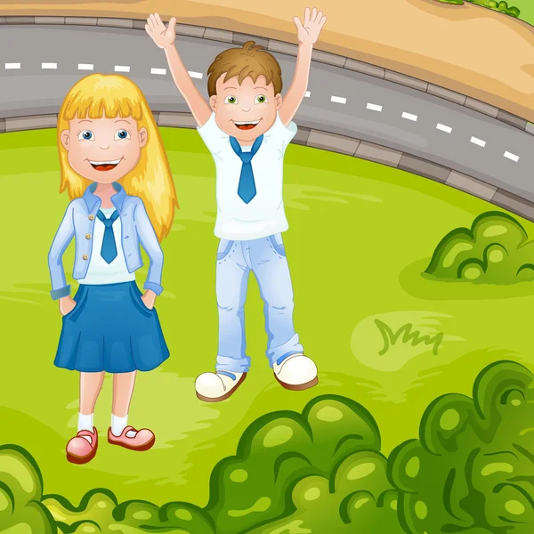 Garçon et fille en uniforme scolaire — Image vectorielle