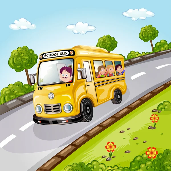 Ευτυχισμένα παιδιά στο σχολικό λεωφορείο — Διανυσματικό Αρχείο
