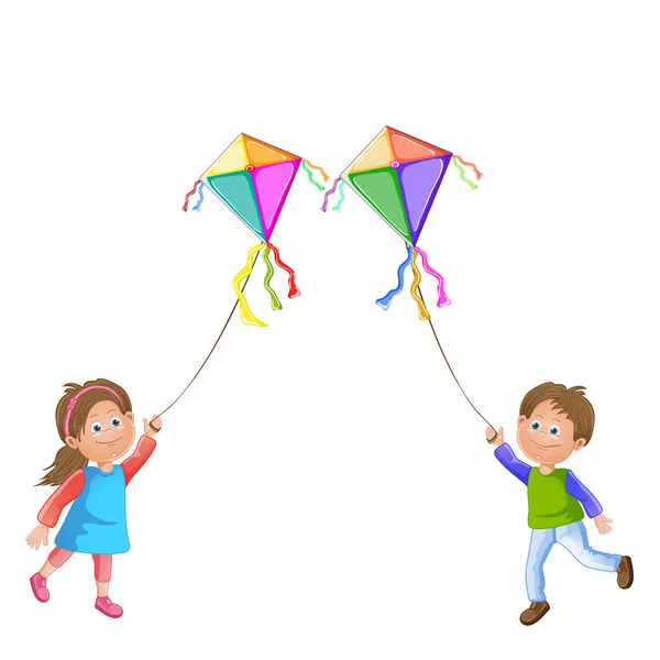 Kinderen spelen met kite. — Stockvector