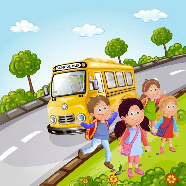 Kinderen en school bus in de natuur — Stockvector