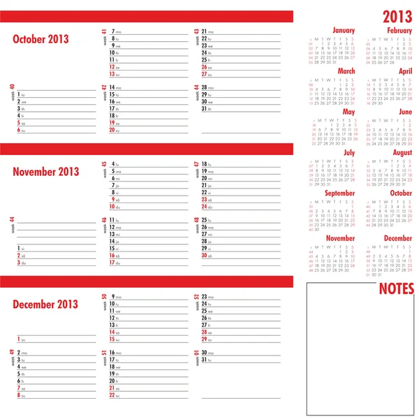 Vector planner for 2013 -Three month calendar — Stock Vector