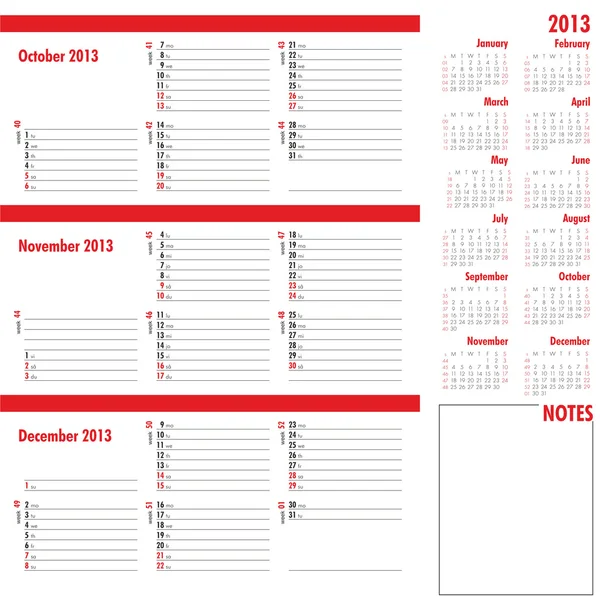 Planificateur vectoriel pour 2013 - Calendrier de trois mois — Image vectorielle