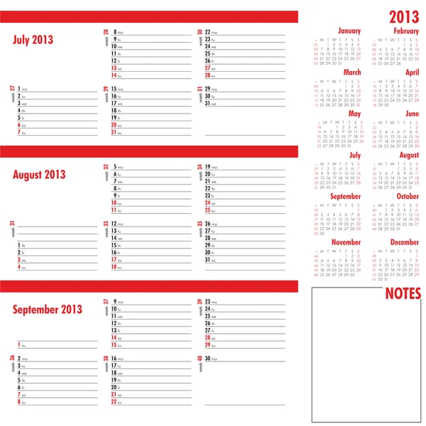 Planificador de vectores para 2013 - Calendario de tres meses — Vector de stock