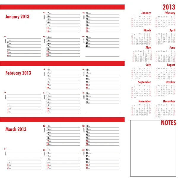 Planificador de vectores para 2013 - Calendario de tres meses — Vector de stock