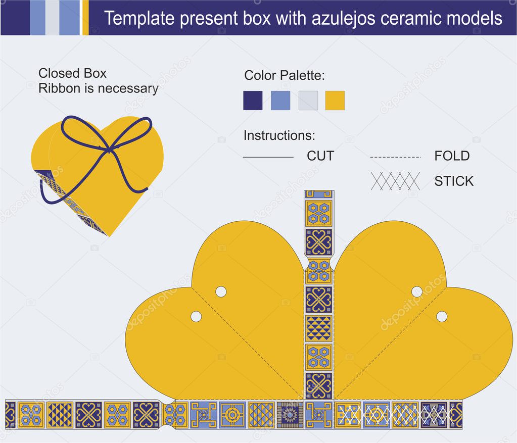 Template present box in heart shape with azulejos ceramic models