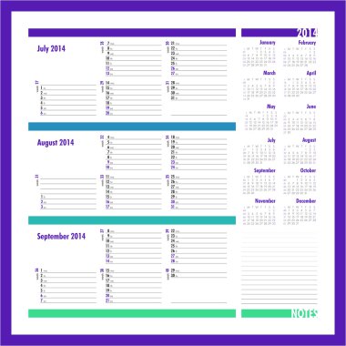 Vector planner for 2014 - July, August, September