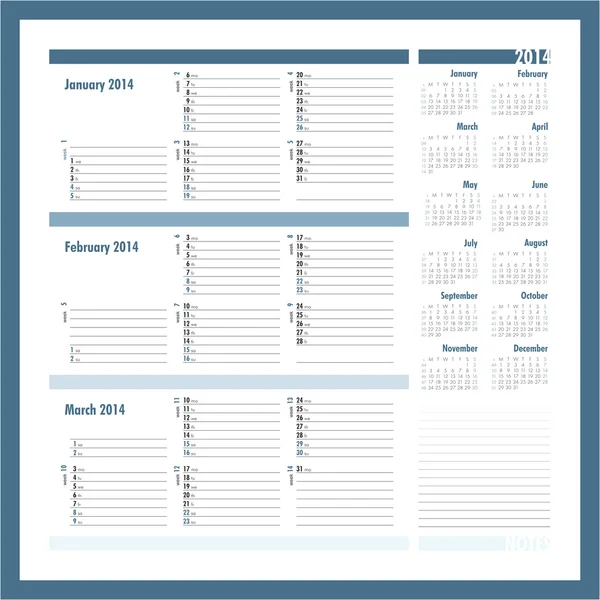 Векторний планувальник 2014 - січень, лютий, березень — стоковий вектор