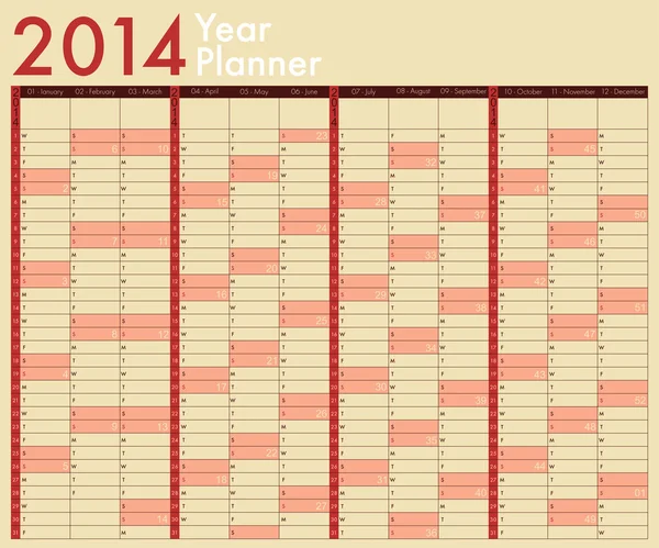 Calendario 2014. Pianificatore dell'anno. La settimana inizia la domenica — Vettoriale Stock