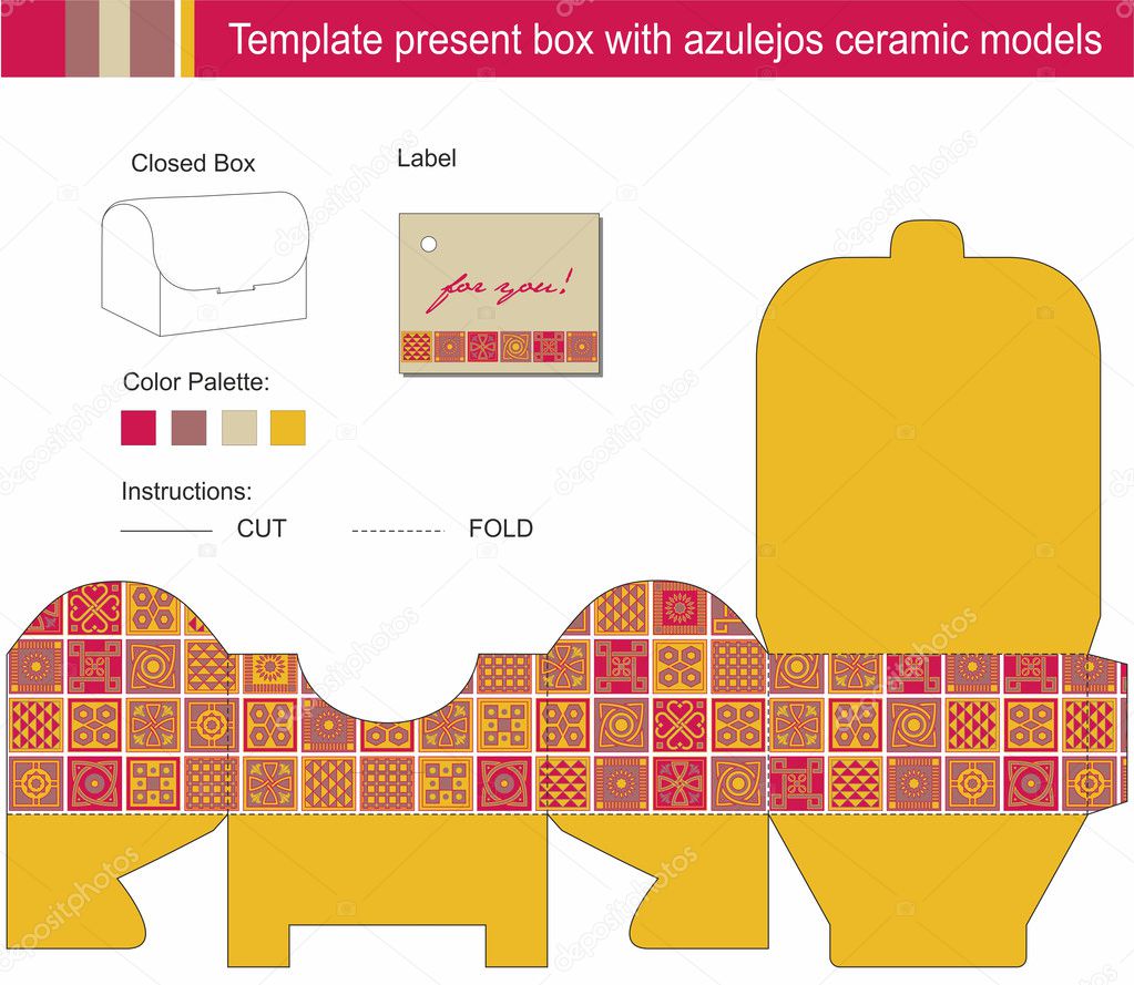 Vector template for present box with blue azulejos ceramic model