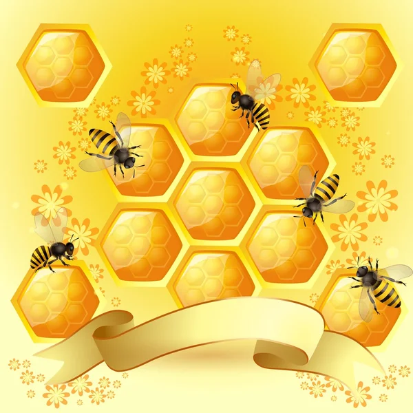 Fondo con abejas y panal — Vector de stock