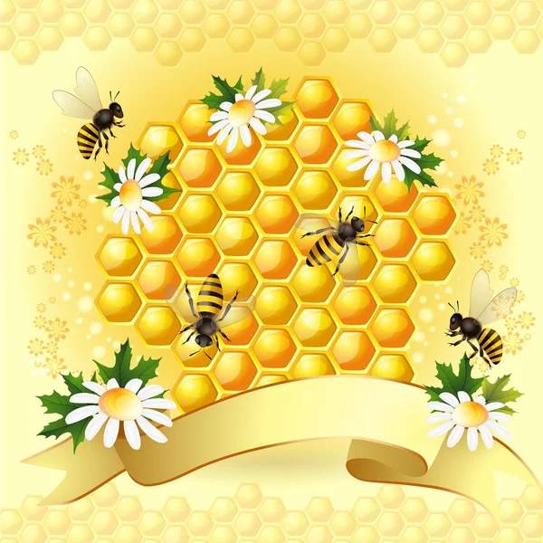 Fondo con abejas, panal y hermosas flores — Vector de stock