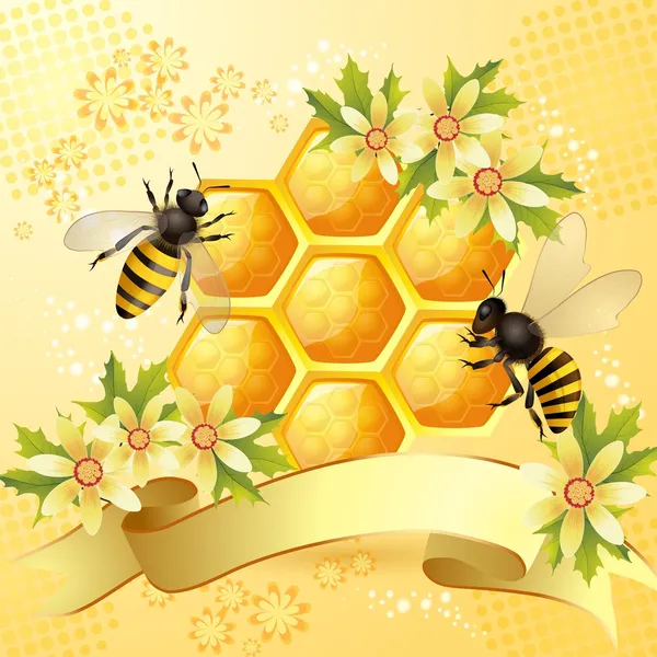Fundo com abelhas, favo de mel e flores bonitas Vetor De Stock