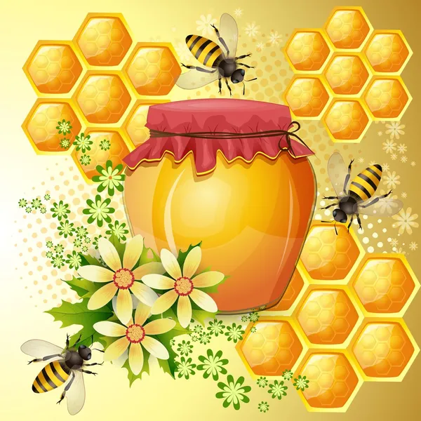 Fondo con abejas y tarro de miel — Vector de stock