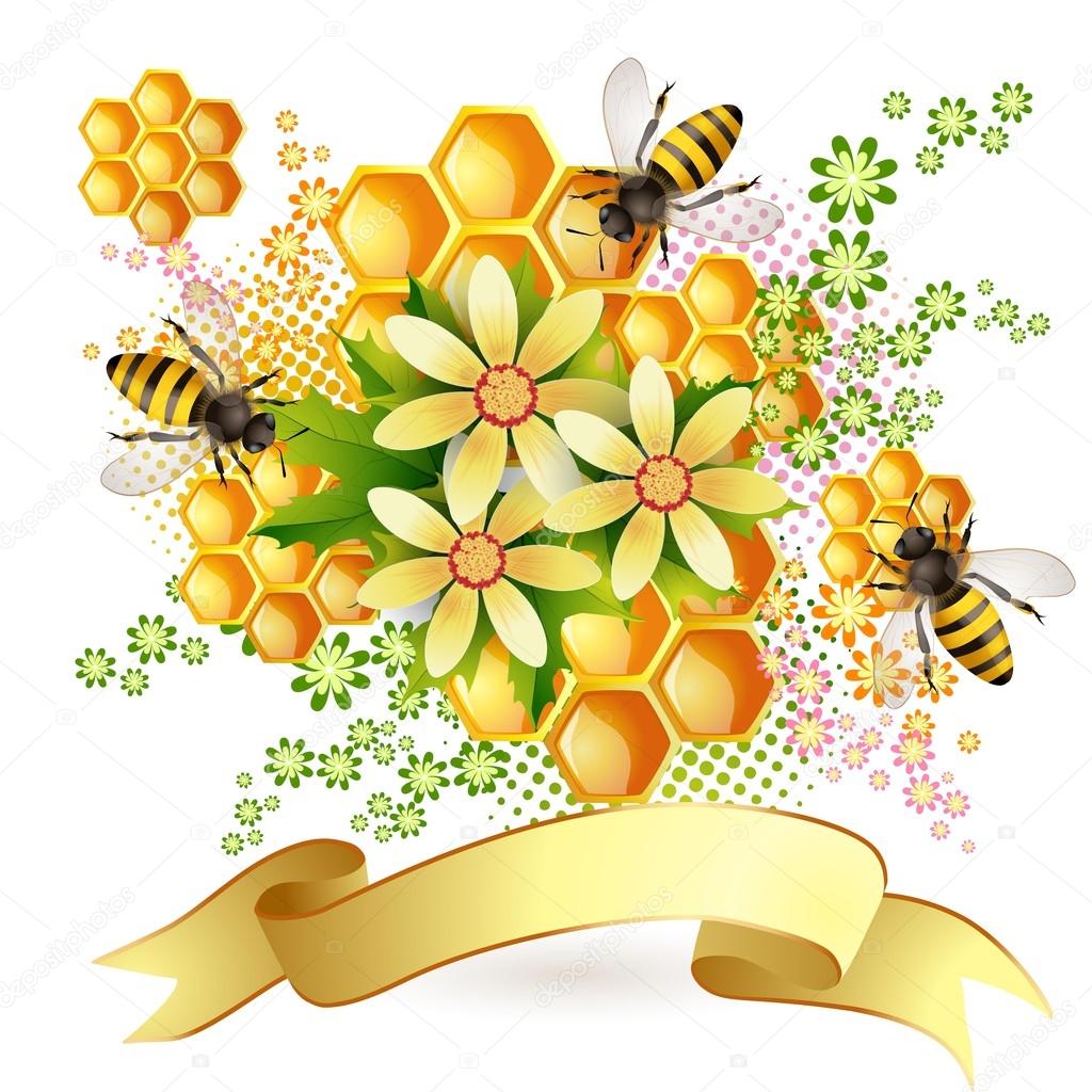 Background with bees and honeycomb