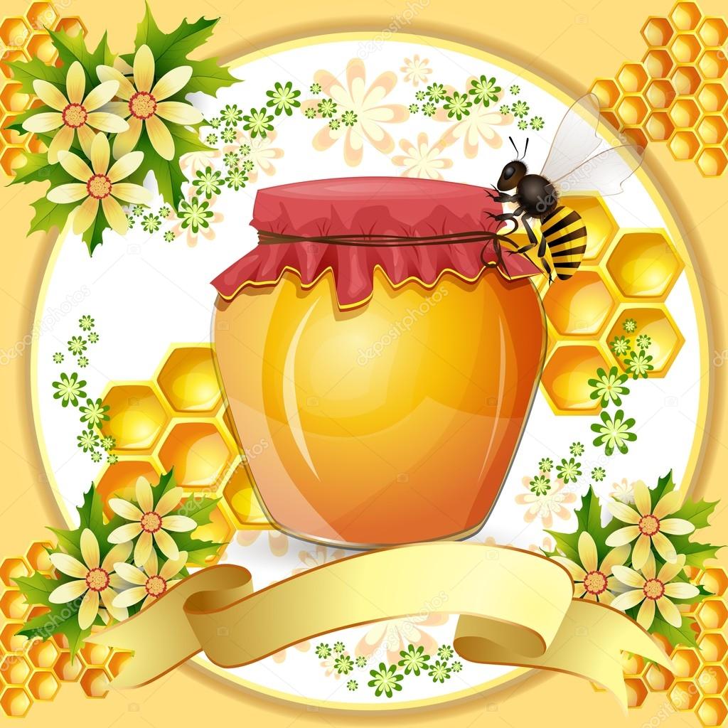 Background with bees and honey jar