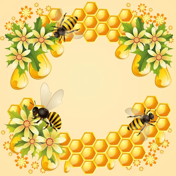 Fondo con abejas, panal y hermosas flores — Vector de stock