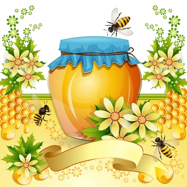 Fondo con abejas y tarro de miel — Vector de stock