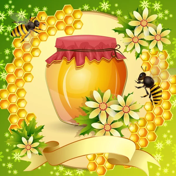 Fond avec nid d'abeille, pot de miel et abeilles — Image vectorielle