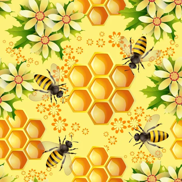 Patrón sin costuras con flores, abejas y panal — Vector de stock