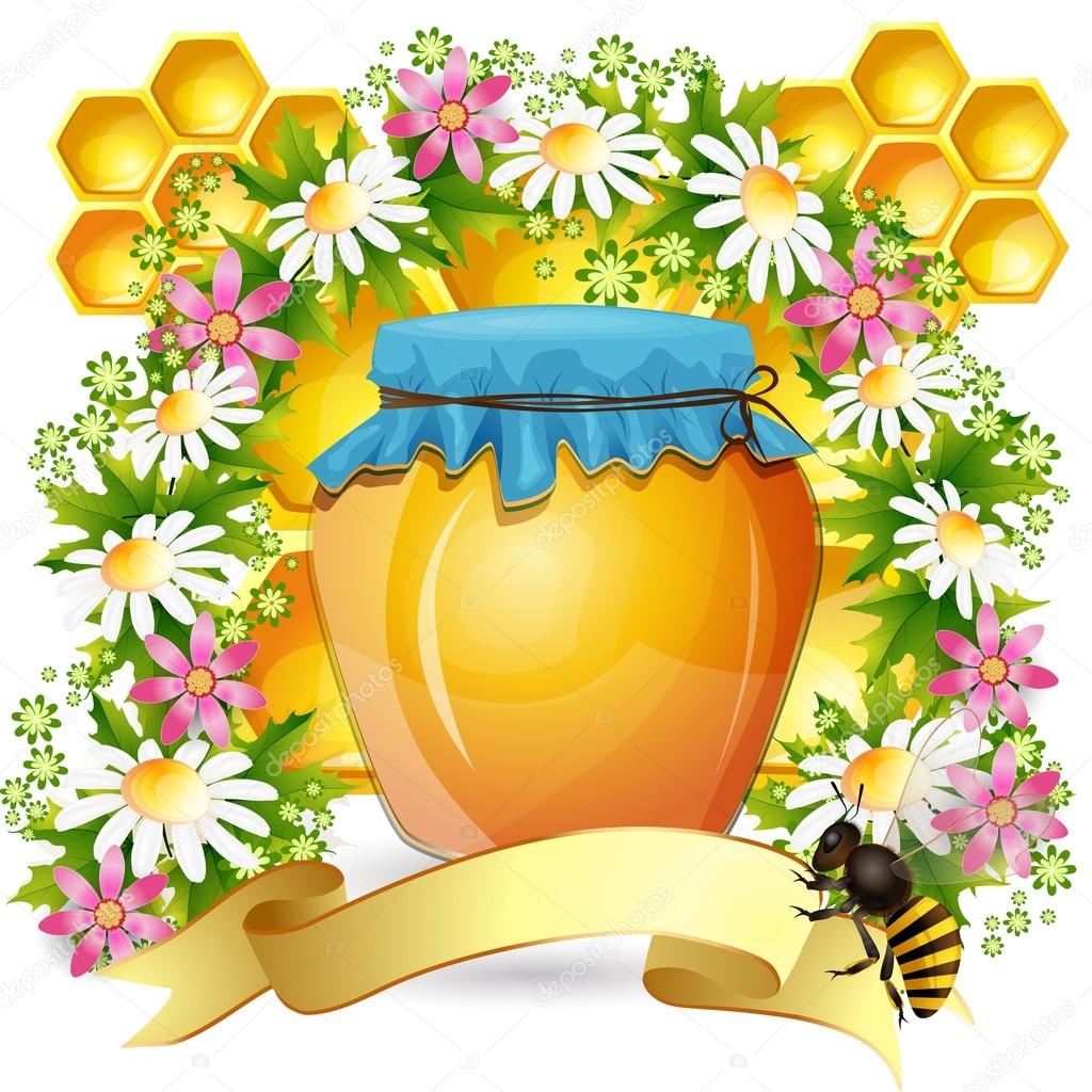 Background with honey jar bees and beautiful flowers