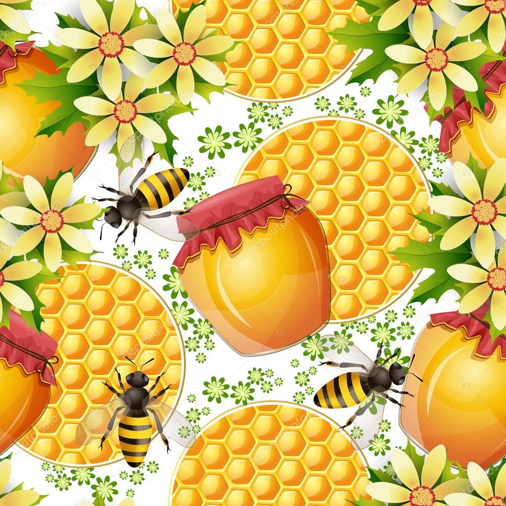 Seamless pattern with honey jar ,bees and honeycomb