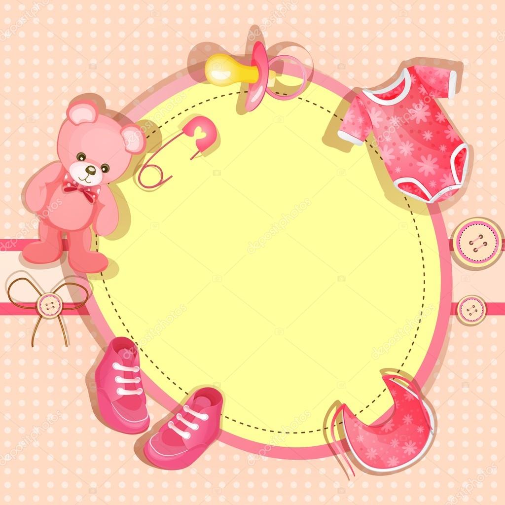 Pink baby shower card with baby girl elements Stock Vector Image by