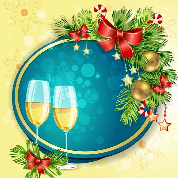 New Year's balls and glasses of champagne — Stock Vector