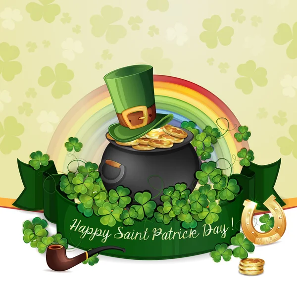 Saint Patrick de dag kaart met klaver en koperen ketel met goud . — Stockvector