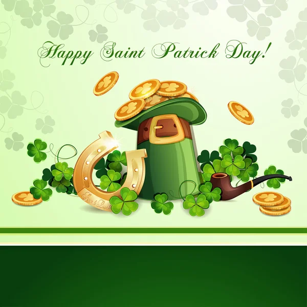 Saint Patrick's Day card with hat ,horseshoe and clover — Stock Vector