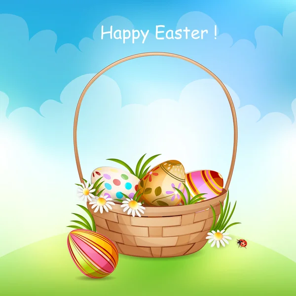 Ilustração da cesta cheia de ovos de páscoa coloridos decorados  . — Vetor de Stock
