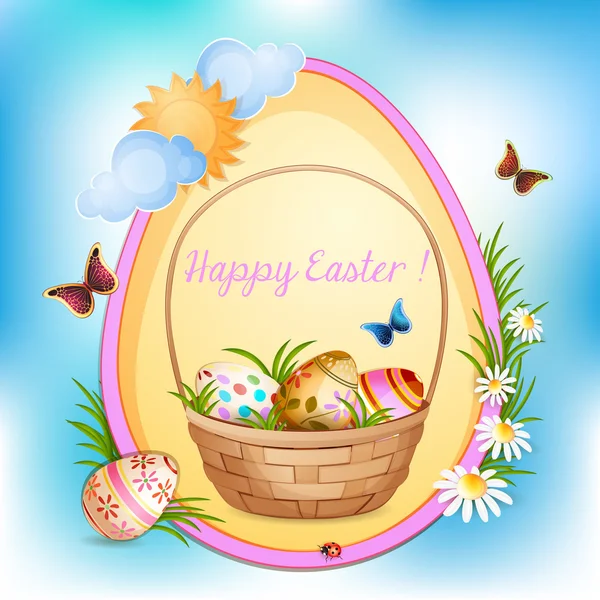 Ilustración de cesta llena de coloridos huevos de Pascua decorados  . — Archivo Imágenes Vectoriales