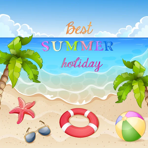 Ilustração de praia de verão com sol feliz e palmeira . — Vetor de Stock