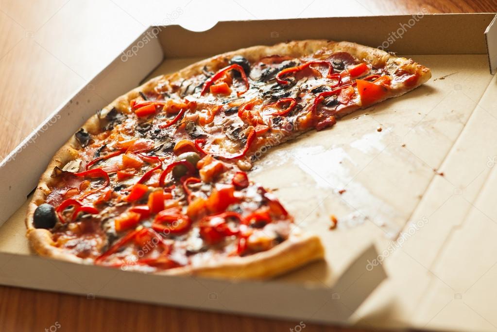 pizza in open cardboard box