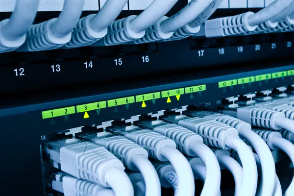 Netwerkswitch en kabels — Stockfoto